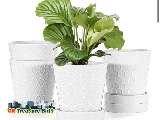 Lot 111-87622 - New Flower Planter –5 inch Ceramic Plant Pots with Drainage Holes and Ceramic Tray - Gardening Home ...