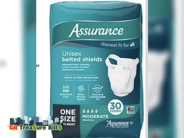 Lot 111-52064 - New Assurance Unisex Incontinence Belted Shields, Moderate Absorbency, t (30 Count) One Size Fits Mo...