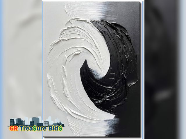 Lot 111-52345 - New Creespi Black and White Wall Art 16x20 inch,Hand-Painted Thick Textured Oil Painting,Modern Mini...