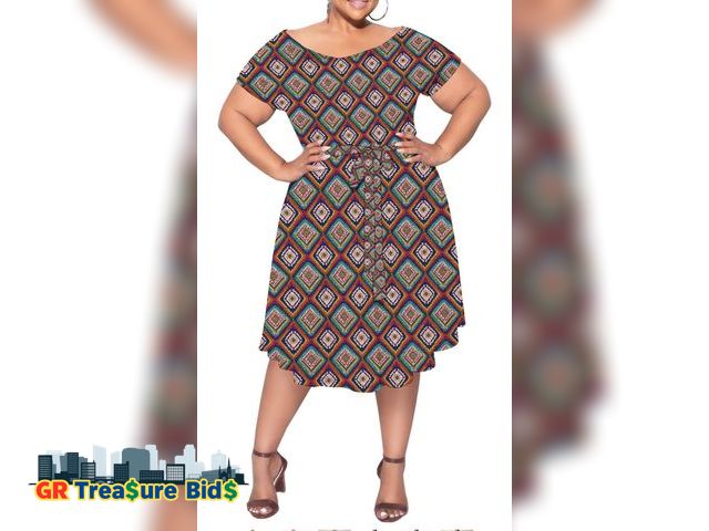 Lot 111-51260 - New Summer Plus Size Short Sleeve High Waist Knee Length Dresses with Belt A Line Flowy Wedding Gues...