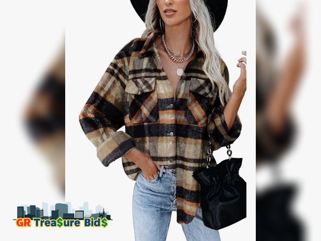 Lot 111-54948 - Size Large BTFBM Womens Plaid Jacket Long Sleeve Button Down Casual Flannel Shacket Shirts Loose Fal...