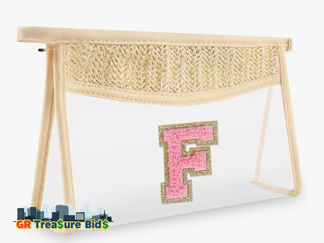 Lot 111-34065 - New Small Boho Straw Initial Letter Makeup Bag Personalized Gift ,Cute Clear Chenille Patch Makeup B...