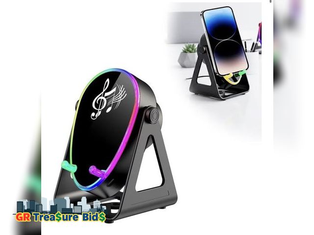 Lot 111-82673 - New 5-in-1 Wireless Induction Bluetooth Speaker with Phone Stand, Wireless Charging, 4-13" Device Fi...