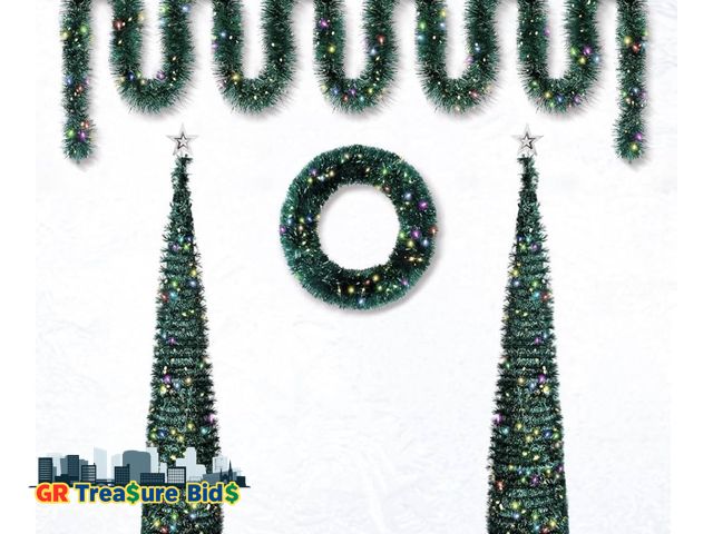 Lot 111-81909 - New 4 Pieces Set Christmas Decorations with LED Lights and Tree Topper, 5FT Pop Up Christmas Tree Se...