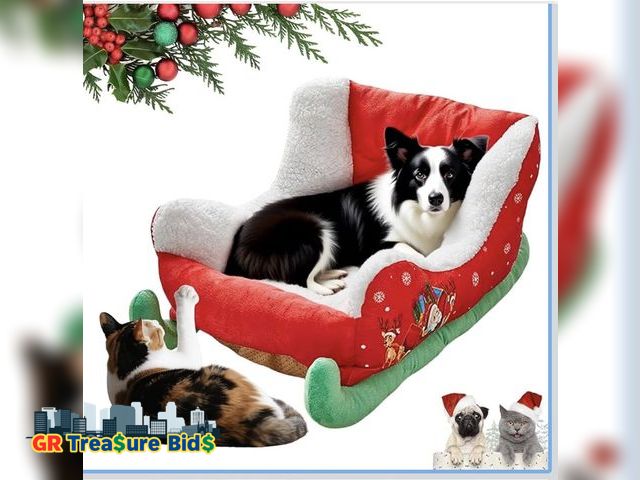 Lot 111-52492 - New New Christmas Sleigh Dog Beds, Interesting Red Christmas Cat Dog Bed, Holiday Plush Pet Bed with...