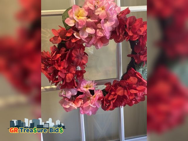 Lot 111-52122 - Patriotic Wreath for Front Door, 16-Inch 4th of July Wreath with Red Geraniums &amp; American Flag, ...