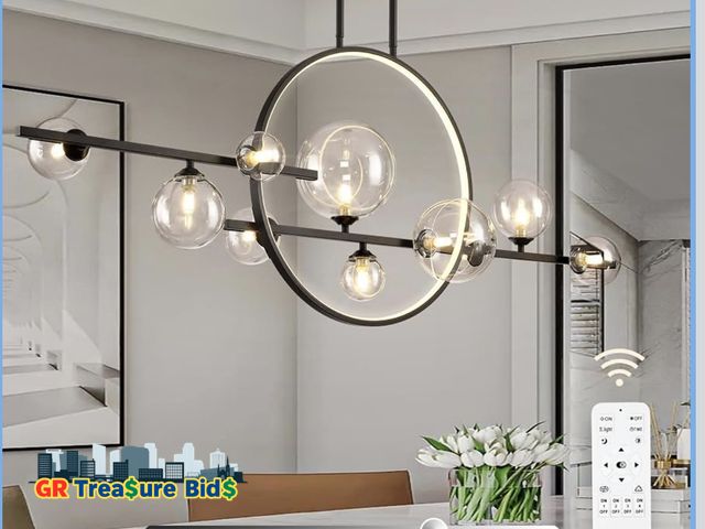 Lot 111-55015 - 1 New LUNA 8-Lights Modern Pendant Light Fixtures, 54" Black Dimmable Mid-Century Dining Room Large ...
