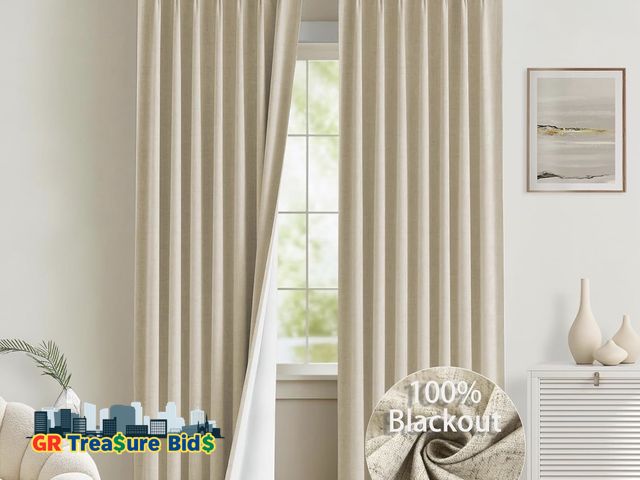 Lot 111-4744 - New Tan Linen Pinch Pleated Curtains 90 inches Long 2 Panels 100% Blackout Linen Curtains for Living...