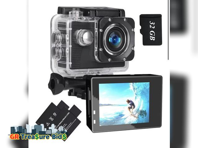 Lot 111-63632 - Action Camera 1080P Sports Camera 32GB Memory Card Action Cam 4xZoom 131ft Underwater Waterproof wit...