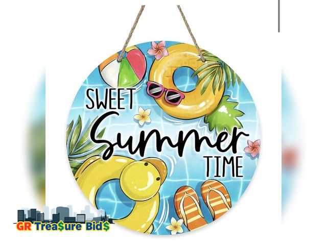 Lot 111-47436 - Sweet Summer Time Pool Front Door Sign, Duck Swim Rings Flip Flops Ball Wood Door Hanger Outdoor Out...