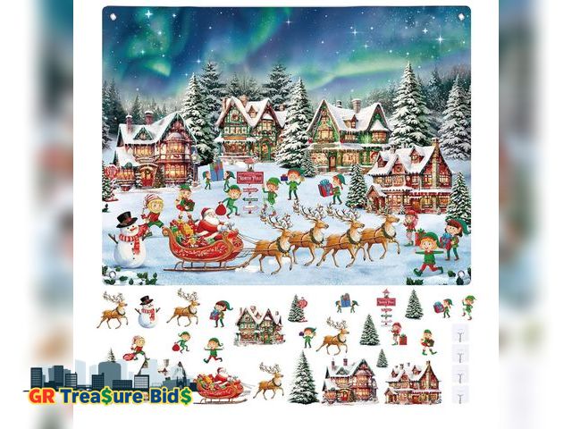 Lot 111-47775 - New Christmas Story Board 3.4FT North Pole Village DIY Felt with 31 Pcs Detachable Ornaments Wall De...