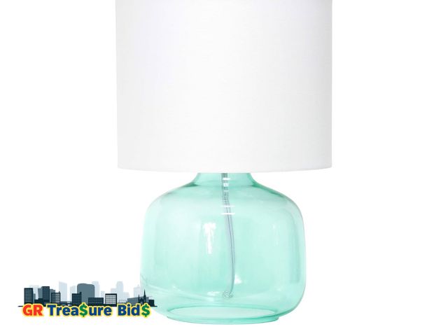 Lot 111-78776 - Simple Designs LT2064-AOW Aqua Glass Table Lamp with White Fabric Shade