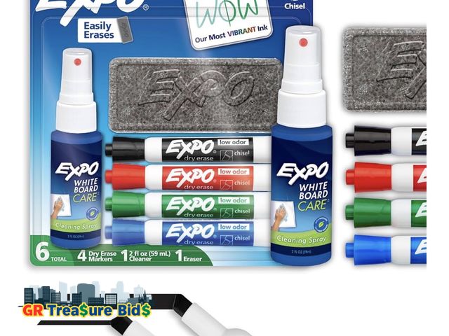 Lot 111-12461 - EXPO Low Odor Dry Erase Marker Set with White Board Eraser and Cleaner Chisel Tip Dry Erase Markers ...