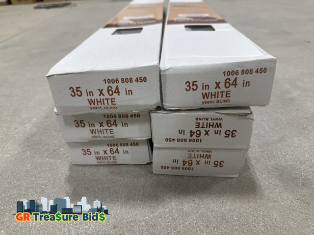 Lot 111-987637 - lot of (6) Pre-Cut 35 in. W x 64 in. L Cordless Light Filtering White Vinyl Mini Blind with 1 in. Sl...