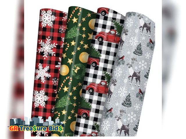 Lot 111-70245 - New GIOLNIAY Christmas Wrapping Paper for Men Women Kids - Holiday Gift Wrap Red &amp; Black Plaid w...