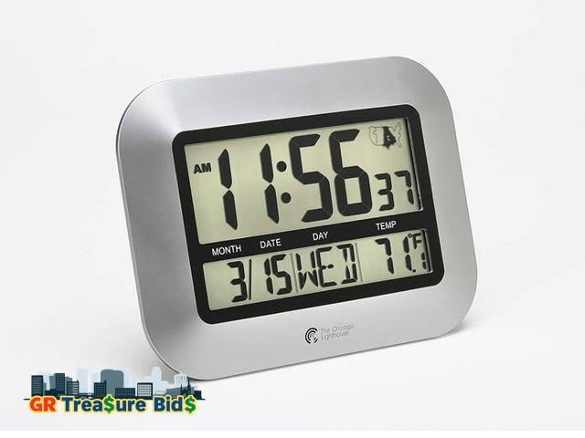 Lot 111-13989 - Atomic Digital Wall or Desk Clock, 10 x 7 Inch, Silver