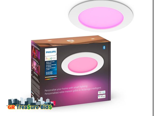 Lot 111-95263 - Philips Hue Smart Slim 6 Inch LED Downlight - White and Color Ambiance Color-Changing Light - 1 Pack...