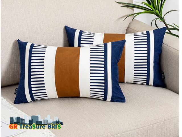 Lot 111-70889 - New Vfuty Set of 2 Yellow and White Stripe Throw Lumbar Pillow Covers 12x20 inch,Faux Leather Modern...