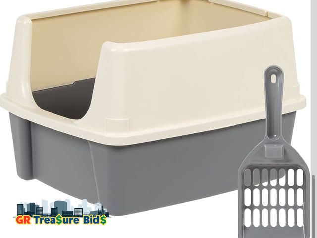 Lot 111-52317 - New High-Sided Cat Litter Box with Scoop, Tall Walls, Durable Plastic, Gray and Cream