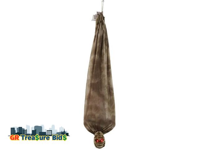 Lot 111-690726 - New Haunted Hill Farm Hanging Hank the Animatronic Upside-Down Shaking Mummy with Light-Up Eyes for ...