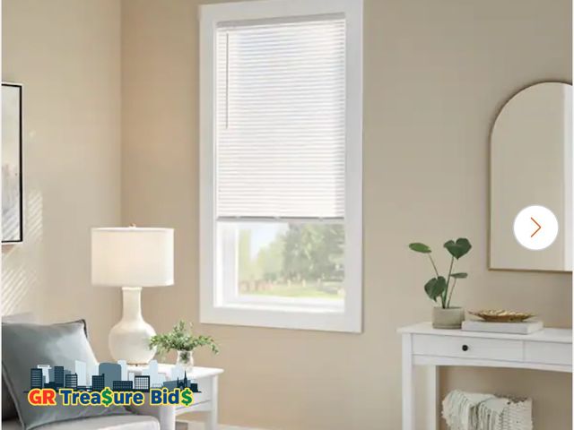 Lot 111-987637 - lot of (6) Pre-Cut 35 in. W x 64 in. L Cordless Light Filtering White Vinyl Mini Blind with 1 in. Sl...