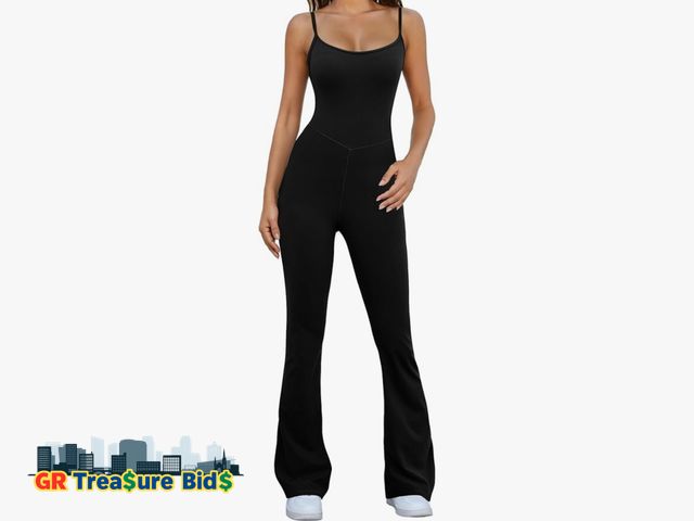 Lot 111-76779 - New Flare Jumpsuits for Women Adjustable Spaghetti Strap Bodycon Jumpsuit Scoop Neck Workout Romper ...