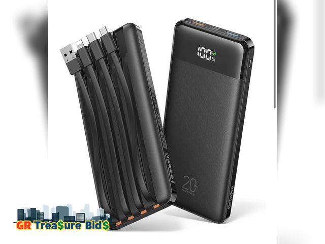 Lot 111-82672 - New 20000mAh Power Bank Fast Charging, Portable Charger with 4 Built-in Cables &amp; 6 Outputs, 20W ...