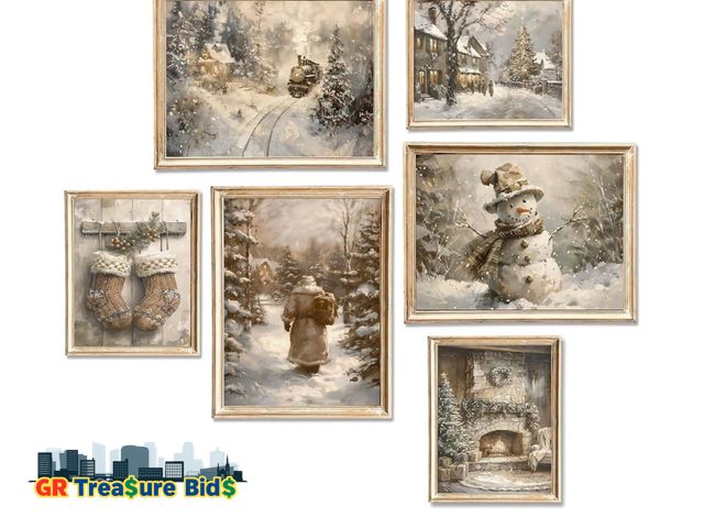 Lot 111-27843 - New Vintage Christmas Wall Art Prints Set of 6 Warm Winter Santa Snowman Posters Prints Neutral Snow...
