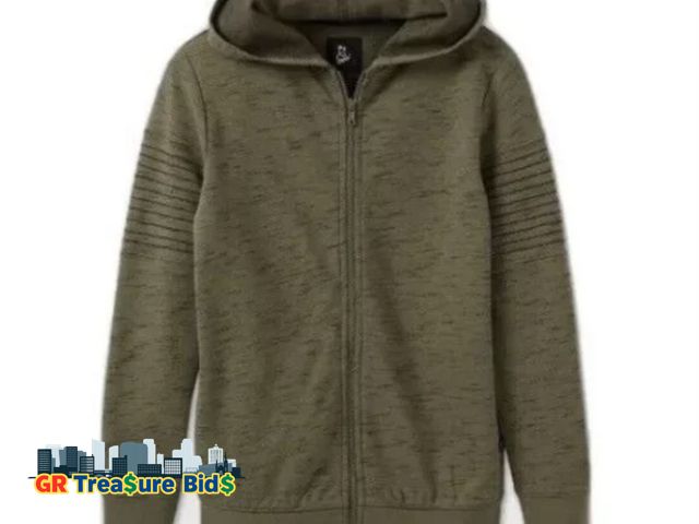 Lot 111-8527 - New Art Class Boys Moto Sleeve Green Hoodie Sweatshirt Zip Up Hoodie Olive Green size M 8/10