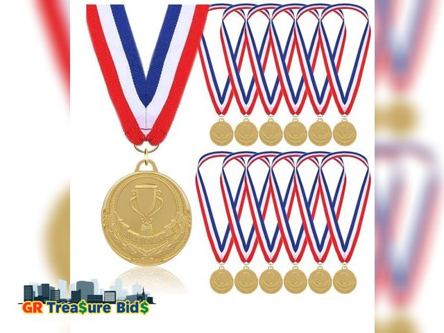 Lot 111-339787 - 12 Pieces Gold Medals for Awards - Winner Medal Metal with Neck Ribbon Prizes for Kids, Adults, Spor...