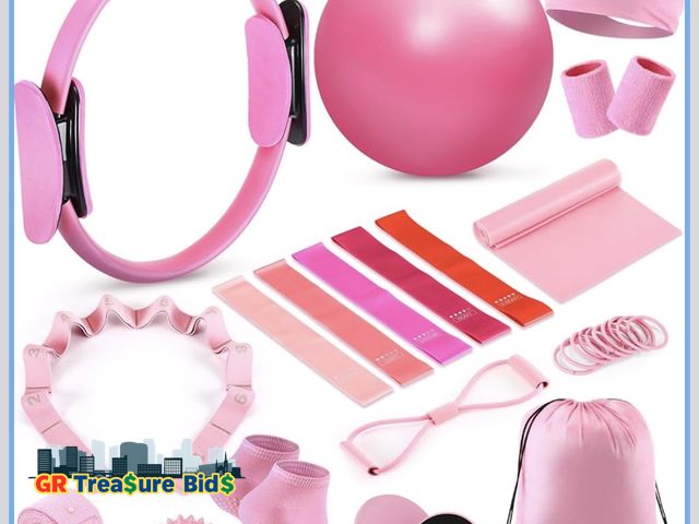 Lot 111-52444 - Poen 14 Pcs Home Pilates Ball and Ring Circle Set Yoga Fitness Essentials Kit with 5 Resistance Band...