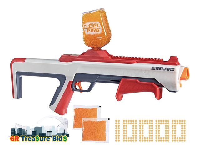 Lot 111-24881 - NERF Pro Gelfire Raid Blaster, Fire 5 Rounds at Once, 10,000 Gel Rounds, 800 Round Hopper, Eyewear, ...