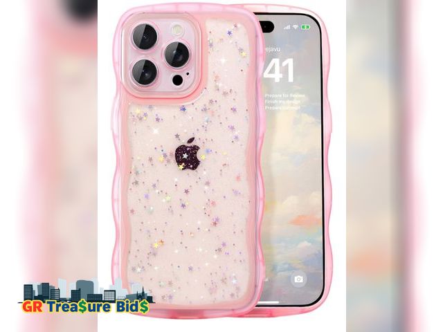 Lot 111-11119 - Case for iPhone 14 Plus - Curly Wave Edge Design, Bling Glitter Star Shiny Case, Cute Pink Clear Ful...