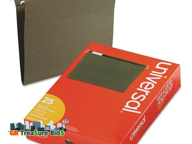 Lot 111-55109 - Universal 14115 Hanging File Folders, 1/5 Tab, 11 Point Stock, Letter, Standard Green, 25/Box