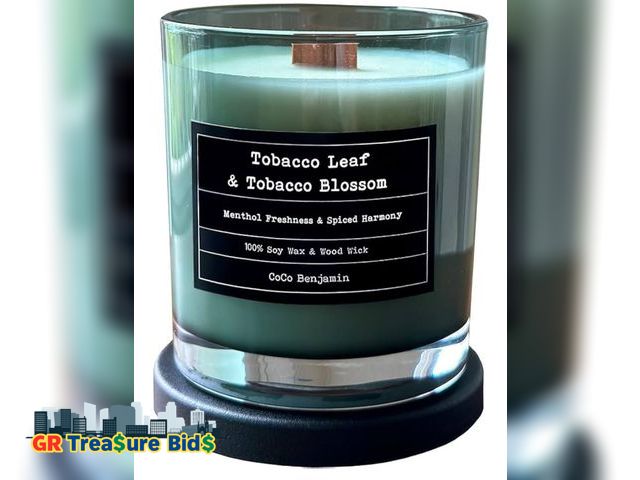 Lot 111-99375 - New Wooden Wick, 100% Soy, Highly Scented, Hand Poured, 8 oz (Tobacco Leaf &amp; Tobacco Blossom