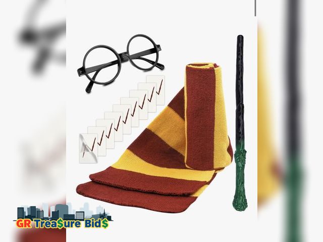 Lot 111-46688 - Wizard Costume Accessories Set Novelty Scarf Wizard Wand Glasses with Round Frame No Lenses Tattoos ...