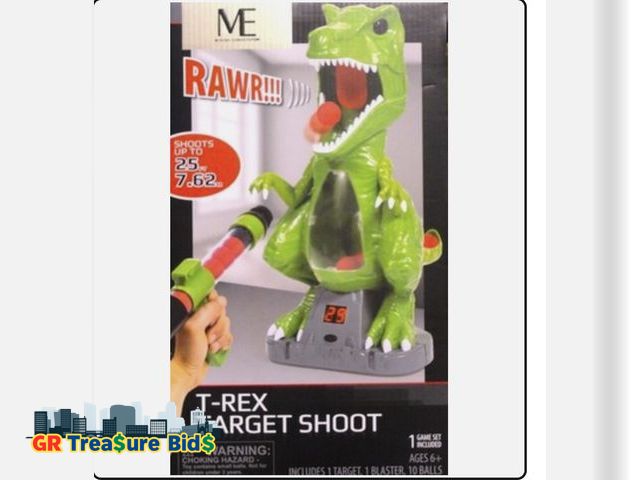 Lot 111-52106 - T- Rex Target Shoot, Blaster, NEW age 6 up 10 Foam Balls, Shoots 25' feet Me Toy