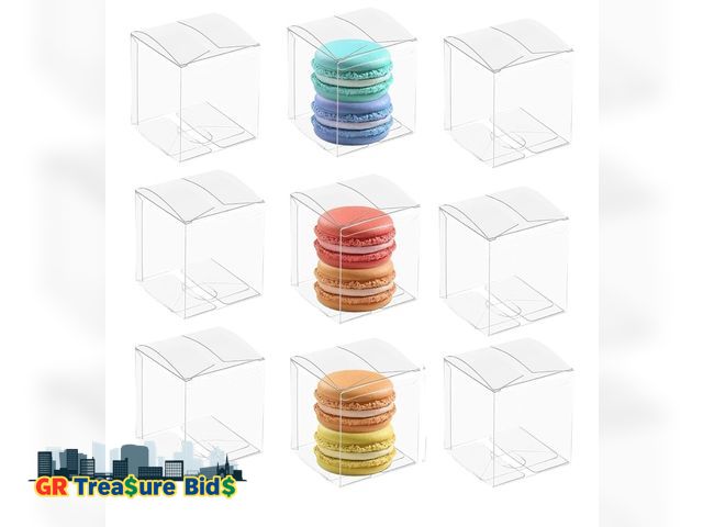 Lot 111-81098 - Nicunom 120+ PCS Clear Favor Boxes, 2" x 2" x 2" Plastic Gift Boxes for Macaron Candy Minigifts Wedd...
