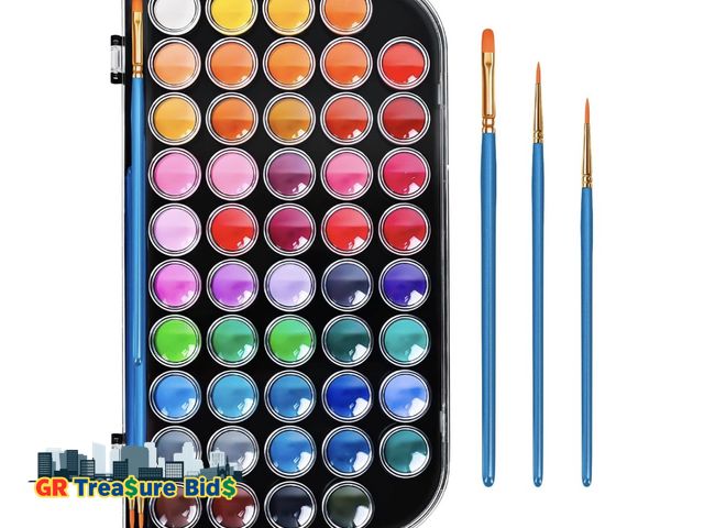 Lot 111-71470 - 48 Color Solid Watercolor Paint Set with 3 Wooden Brushes - Non-Toxic, Vibrant &amp; Washable Waterc...