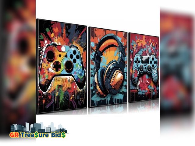 Lot 111-52230 - New PV 3Pcs Cool Gaming Wall Art Retro Video Gamer watercolor Posters Pictures Colorful Neon Gamepad...