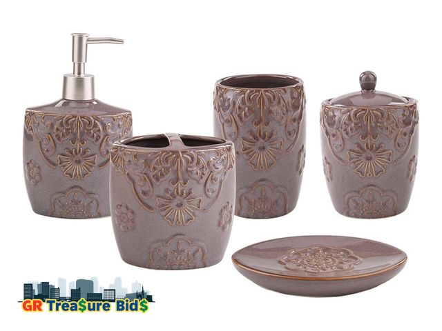 Lot 111-36644 - SURUI 5-Piece Ceramic Bathroom Sink Set - Soap Dispenser &amp; Toothbrush Holder Combo with Relief F...