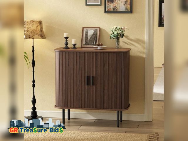 Lot 111-12413 - 31''W Walnut Buffet Sideboard Cabinet with Storage, Fluted Accent Storage Cabinet with Curvy Edge, S...