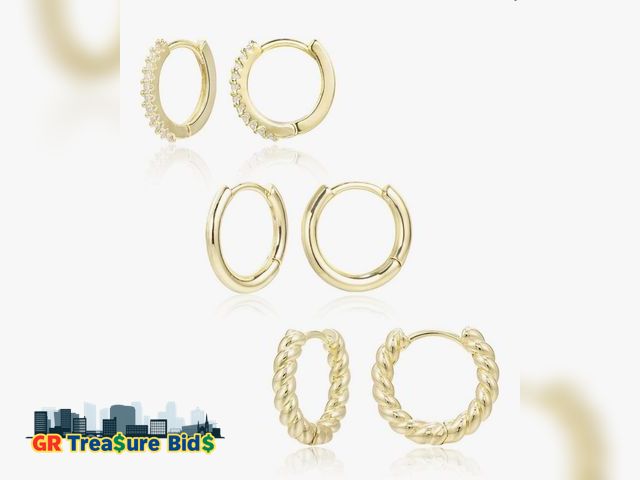 Lot 111-62662 - New 3 Pairs Small Huggie Hoop Earrings Set 14K Gold Hypoallergenic Lightweight Huggie Hoops Earrings...
