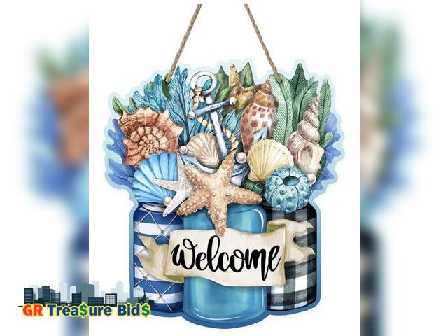 Lot 111-8622 - Deroro Welcome Spring Summer Mason Jar Front Door Sign, Beach Coastal Starfish Conch Coral Wood Door...