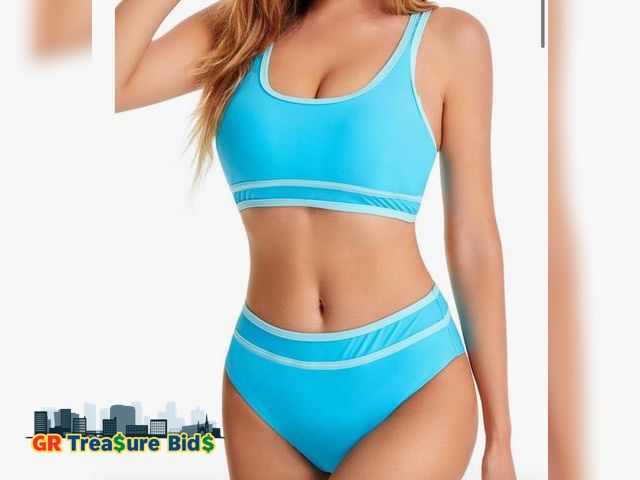 Lot 111-26526 - New Women's Sporty Two Piece Swimsuits High Waisted Athletic Bikini Sets for Women Color Block Bathi...