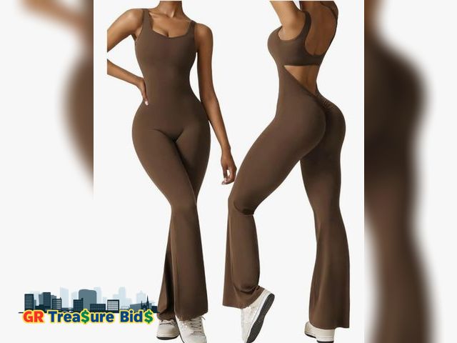 Lot 111-93730 - New Flare Jumpsuits for Women Sleeveless One Piece Yoga Jumpsuit Strappy Square Neck Backless Bodyco...