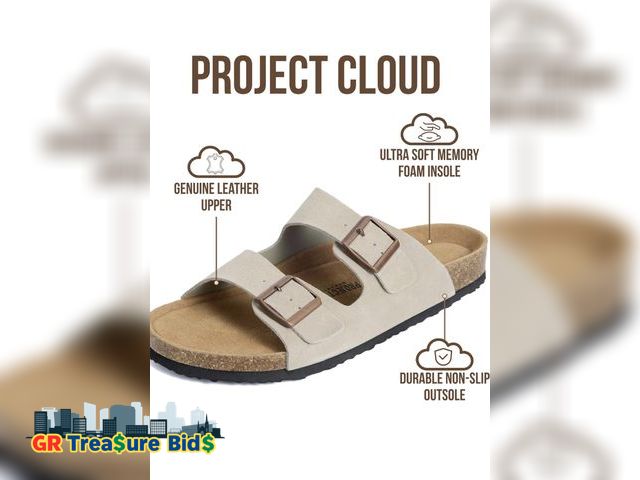Lot 111-52335 - New Project Cloud 100% Genuine Leather Mens Sandals - Memory Foam Insole &amp; Cork Footbed Slides f...