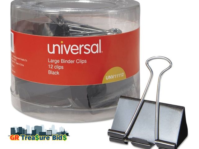 Lot 111-85913 - Universal Binder Clips with Storage Tub, Large, Black/Silver, 12/Pack