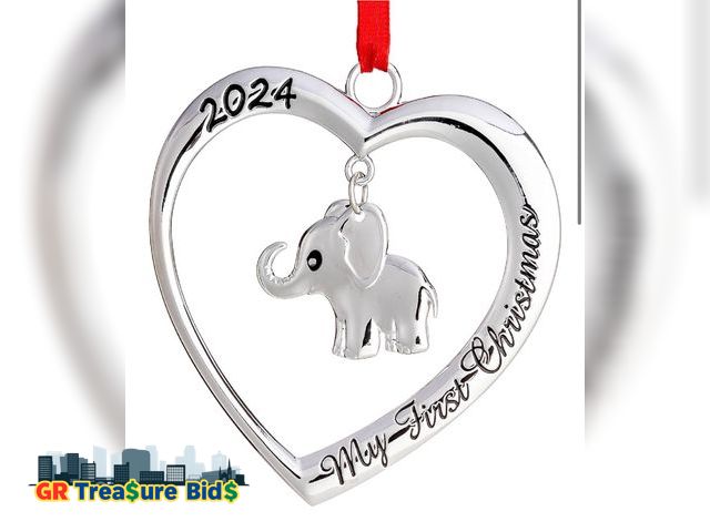 Lot 111-15474 - New Klikel Baby's First Christmas Ornament 2024 - Silver Heart with Hanging Elephant - 1st Christmas...