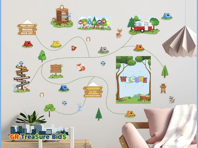 Lot 111-25653 - New Fainne 68 Pcs Woodland Bulletin Board Set Camping Bulletin Board Decorations Jungle Animal Tents...